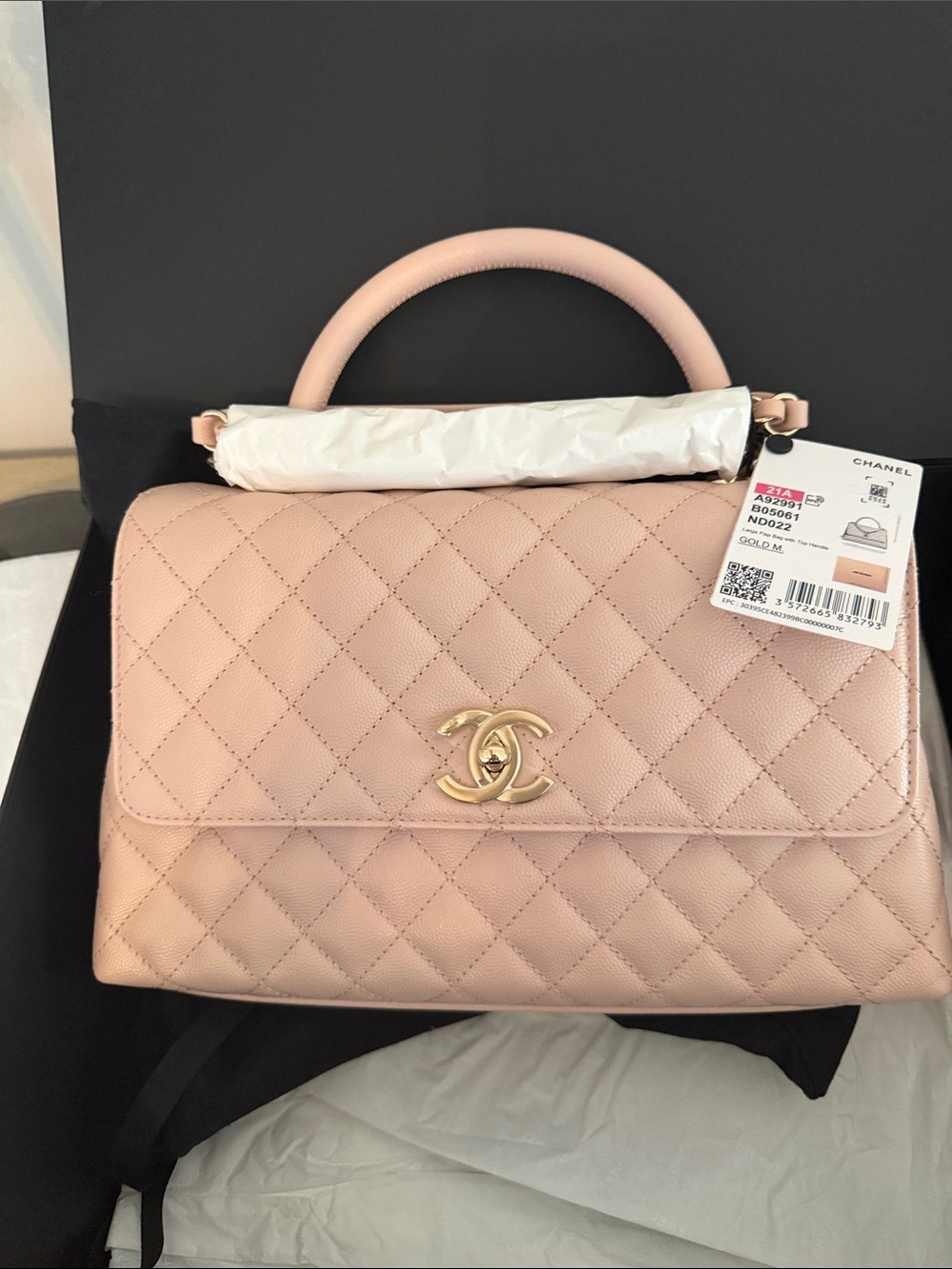 CHANEL Blush Quilted Top Handle Satchel with Gold CC
